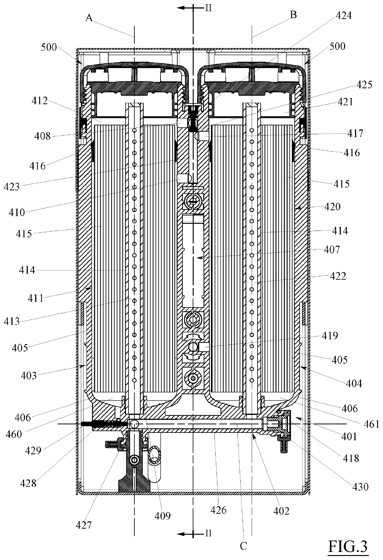 Closing system for a container of a filtering device