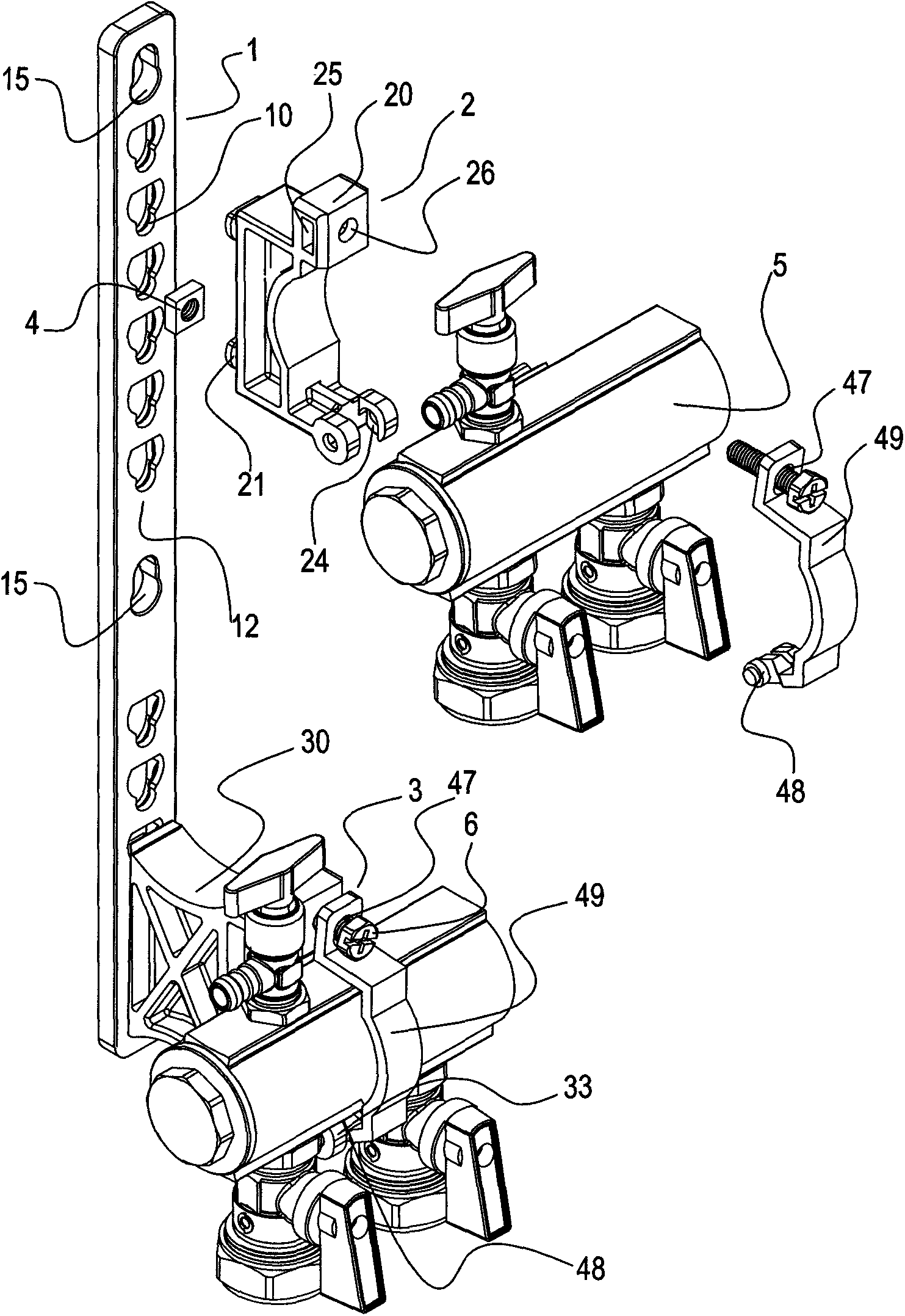 Plastic bracket of water dividing and collecting device