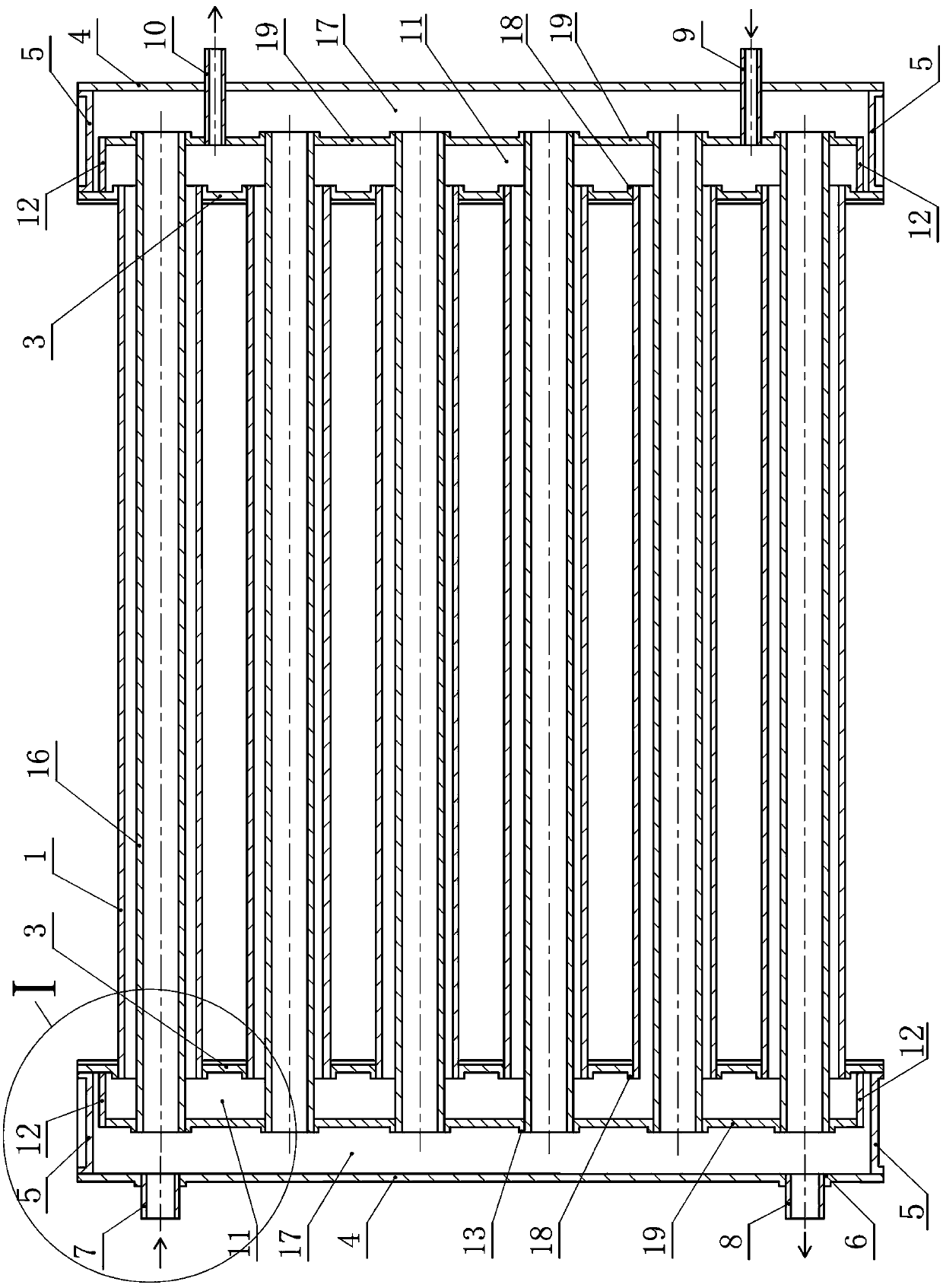 Header box double-cavity channel shell-pipe water storage instant heat exchanger