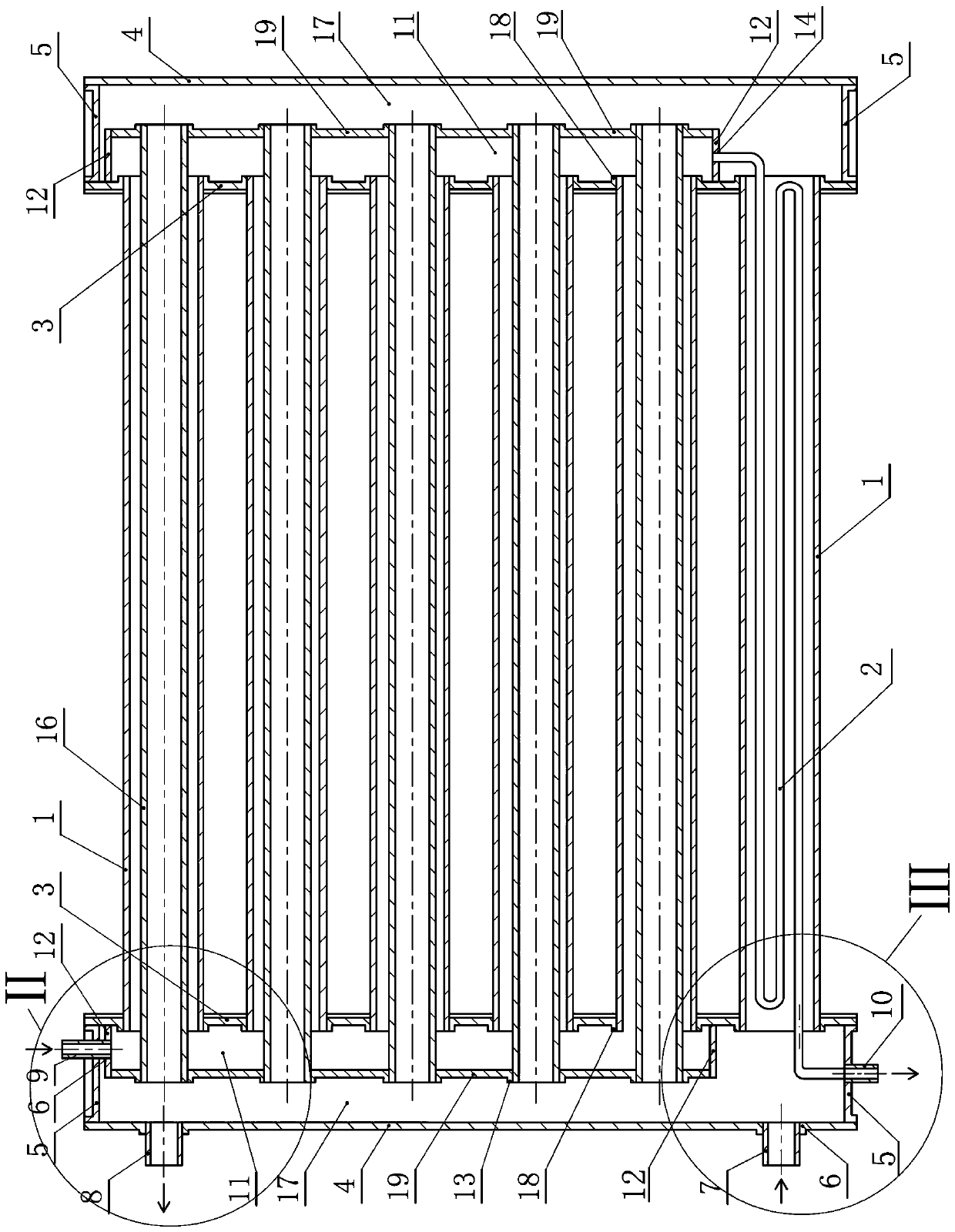 Header box double-cavity channel shell-pipe water storage instant heat exchanger