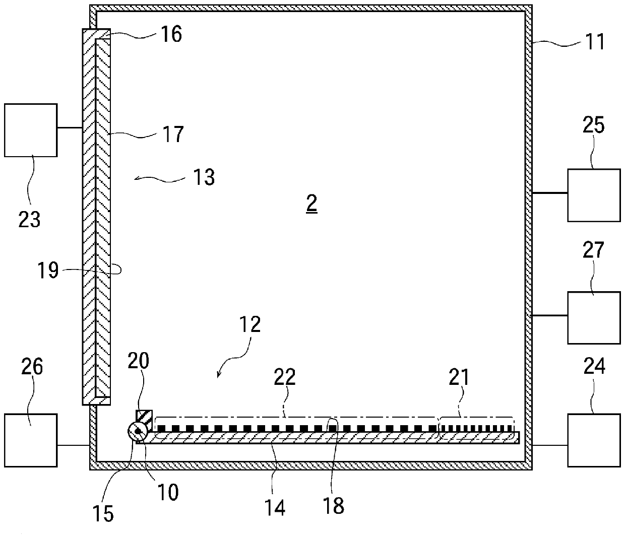 Vacuum device, attraction device, and conductive thin film manufacturing device