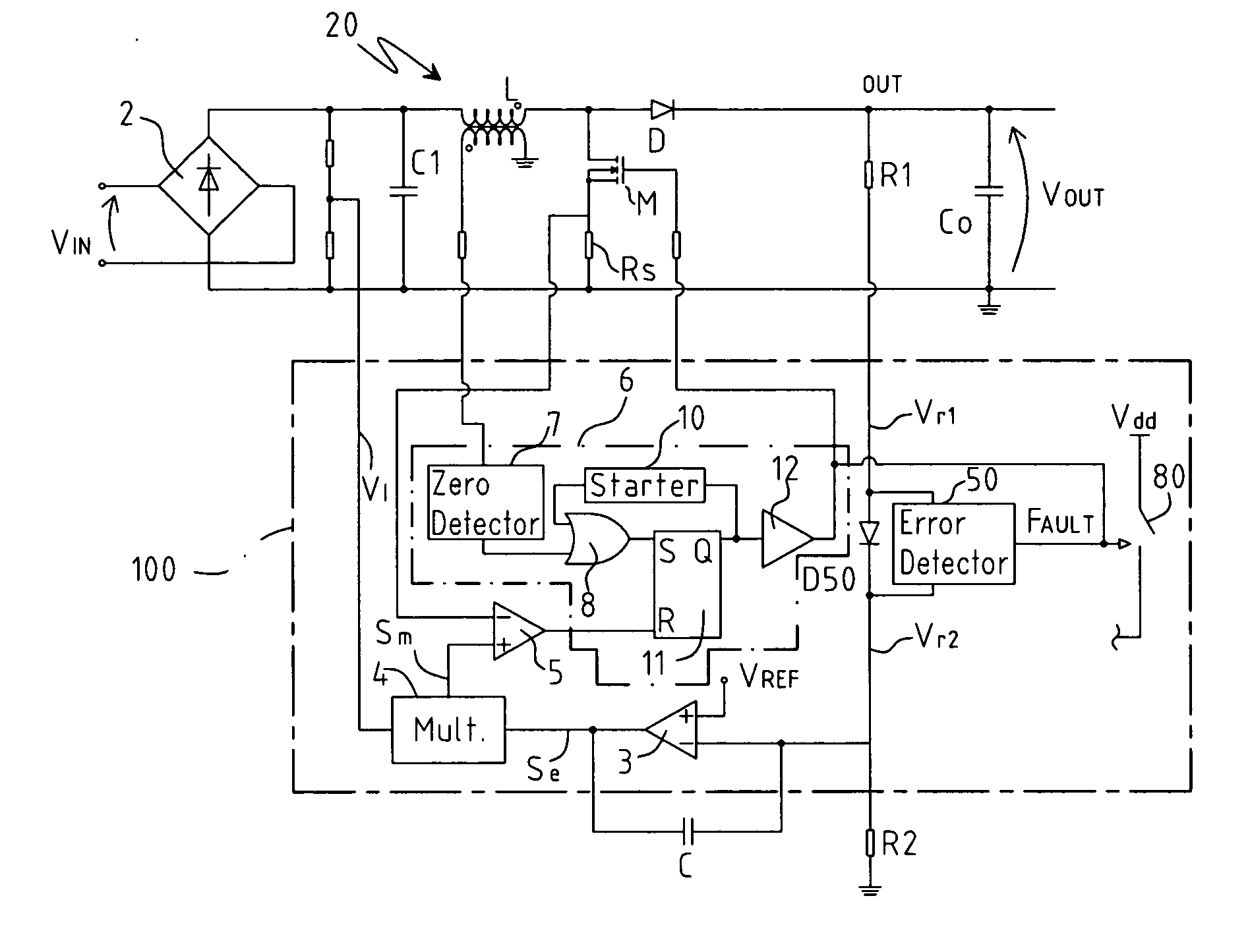 Device for the correction of the power factor in forced switching power supplies