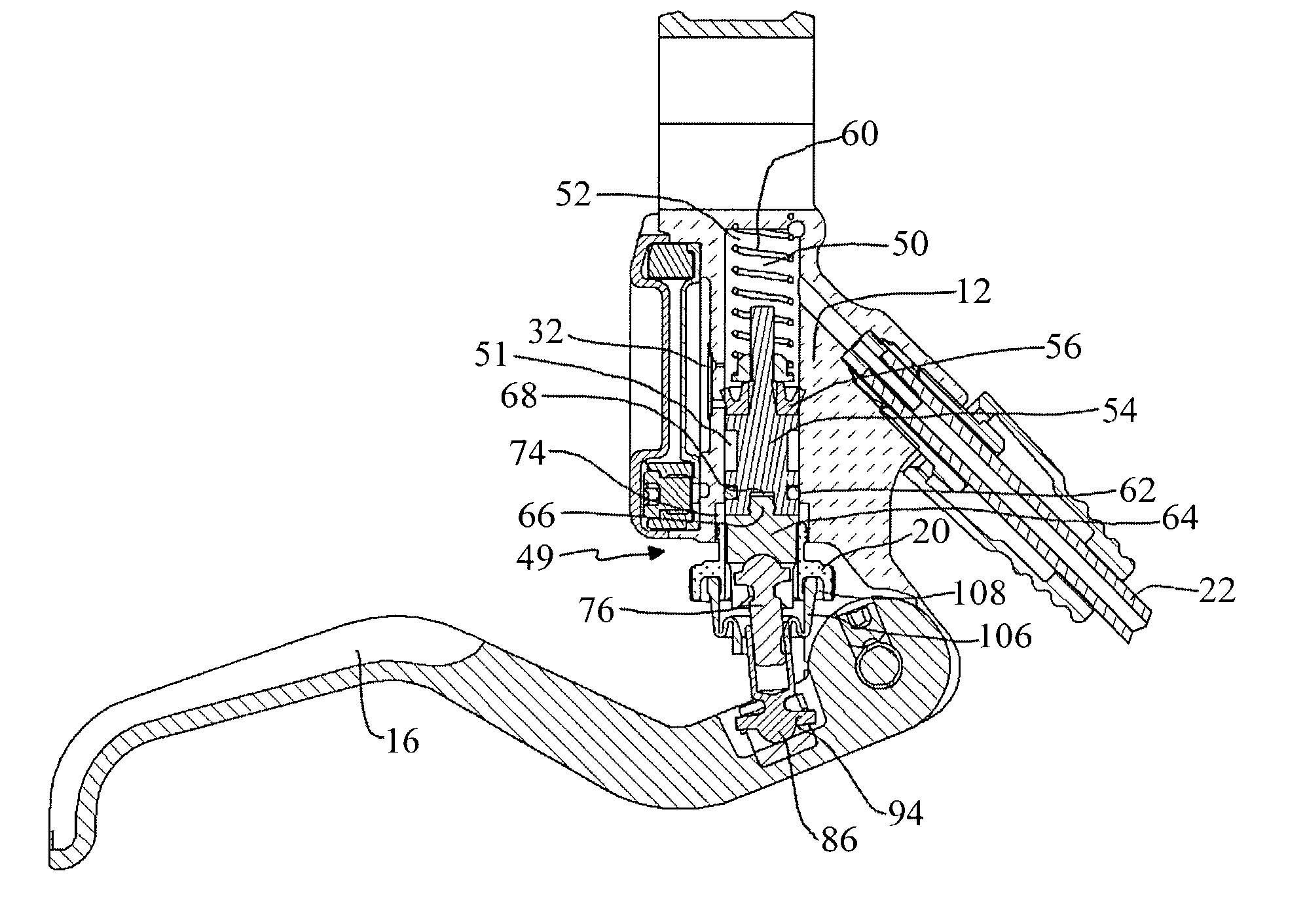 Master cylinder lever for a hydraulic disc brake having favorable handle pivot geometry