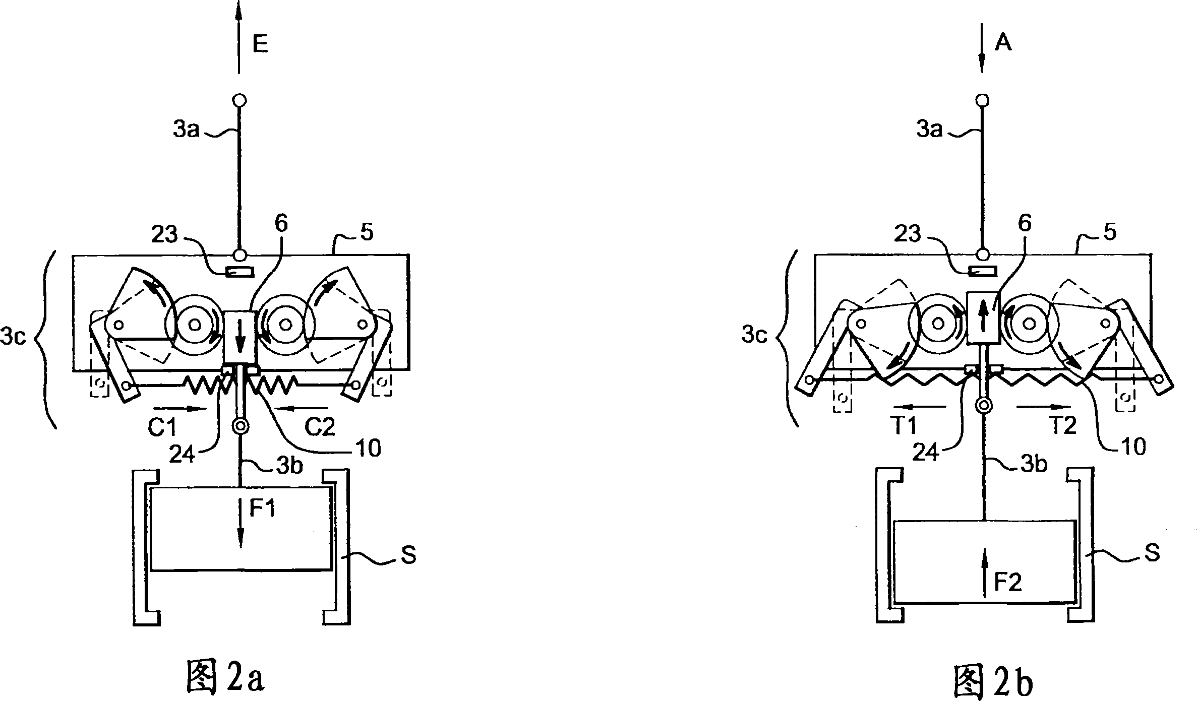Sling device for a piece with force compensation and hoisting system comprising the same