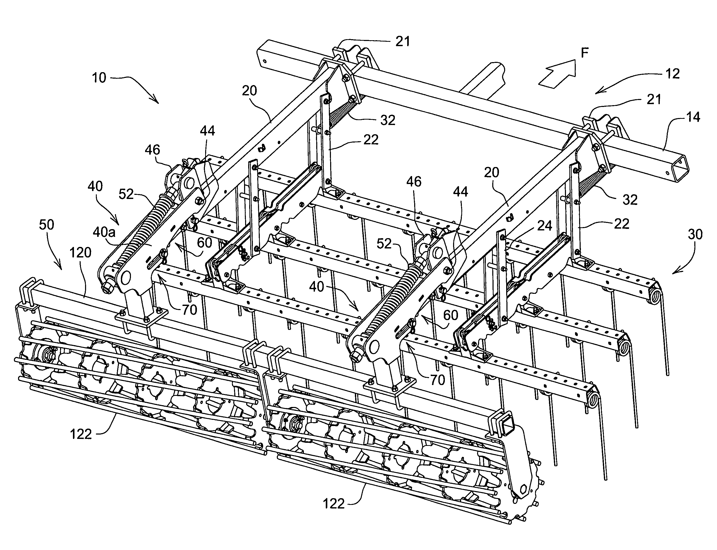 Hydraulic lift rolling basket structure for a tillage implement