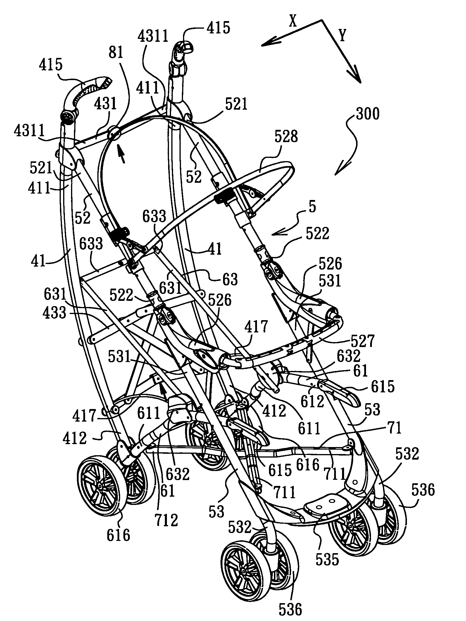Stroller frame foldable in two directions