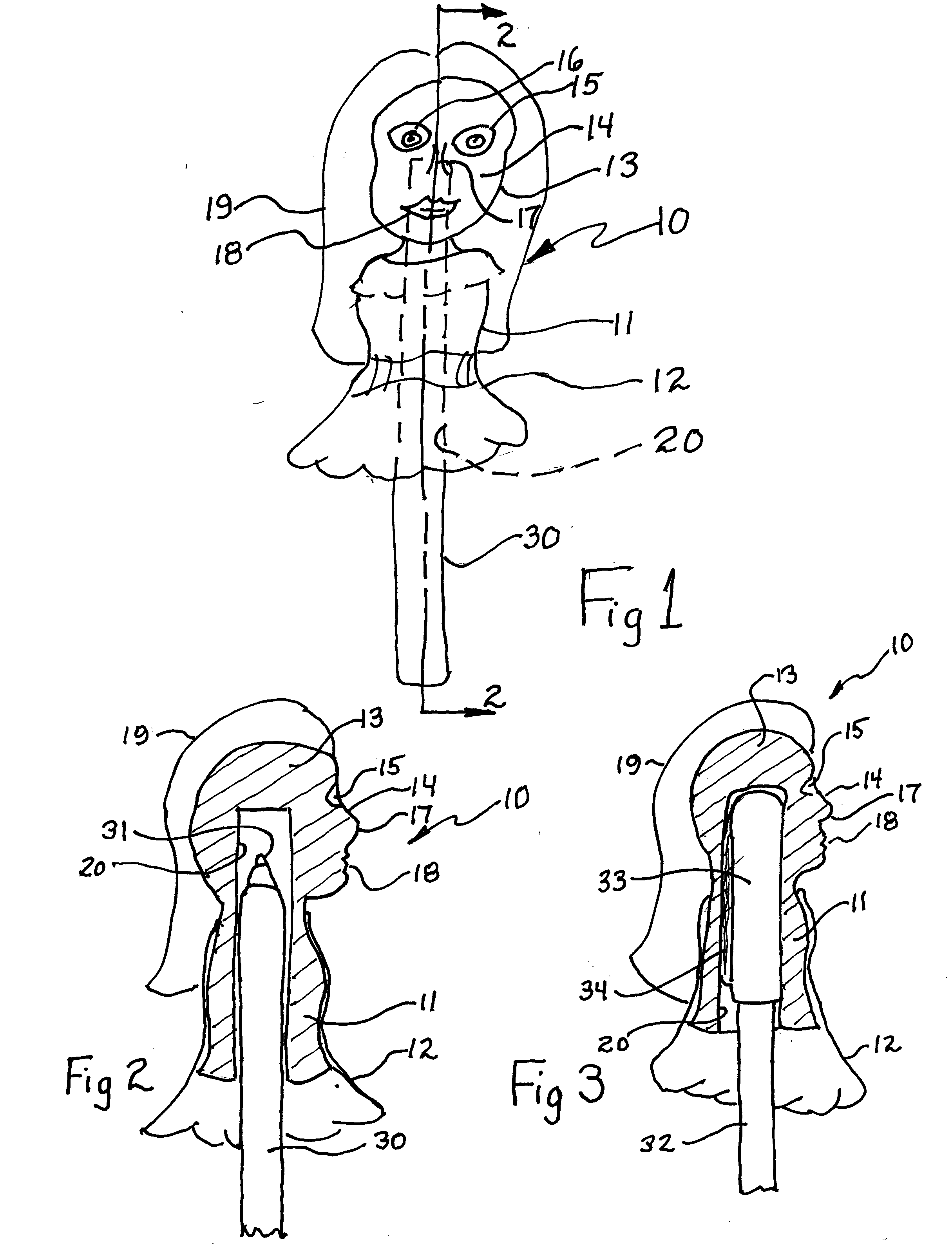 Doll Supported by a Pen, Pencil or Other Implement and Accessories Therefor