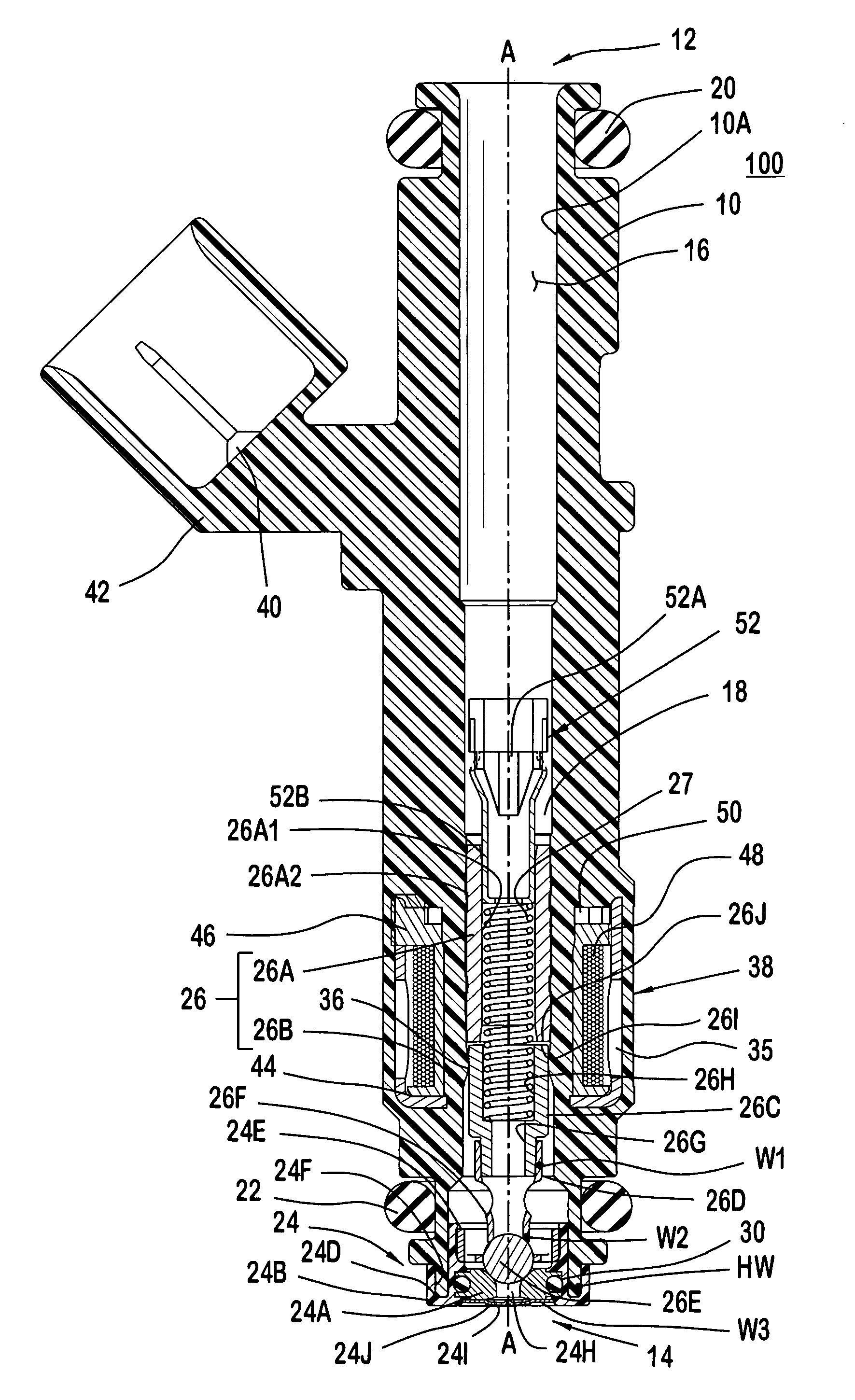 Fuel injector with a metering assembly having a seat secured to polymeric support member that is secured to a polymeric housing with a guide member and a seat disposed in the polymeric support member