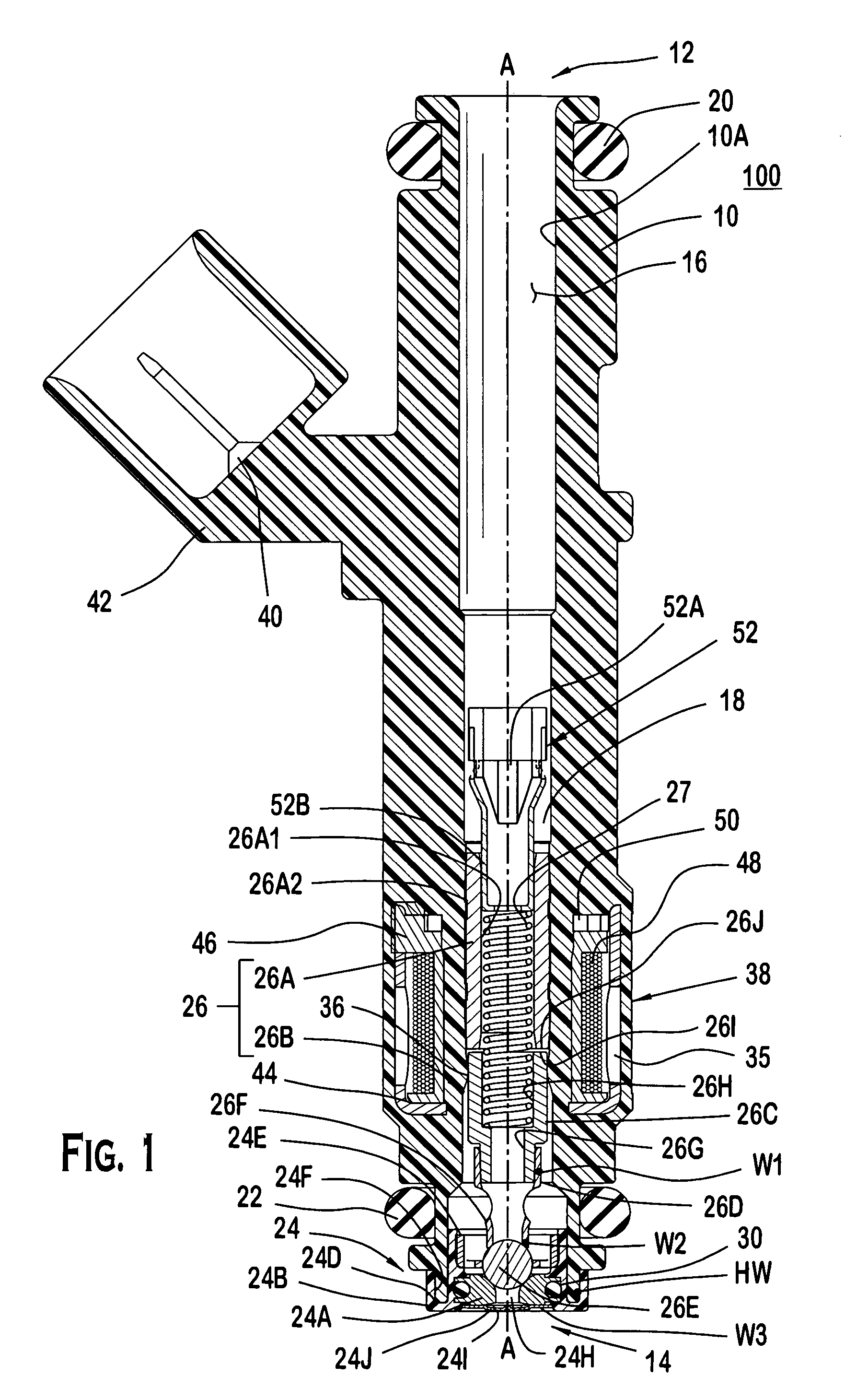 Fuel injector with a metering assembly having a seat secured to polymeric support member that is secured to a polymeric housing with a guide member and a seat disposed in the polymeric support member