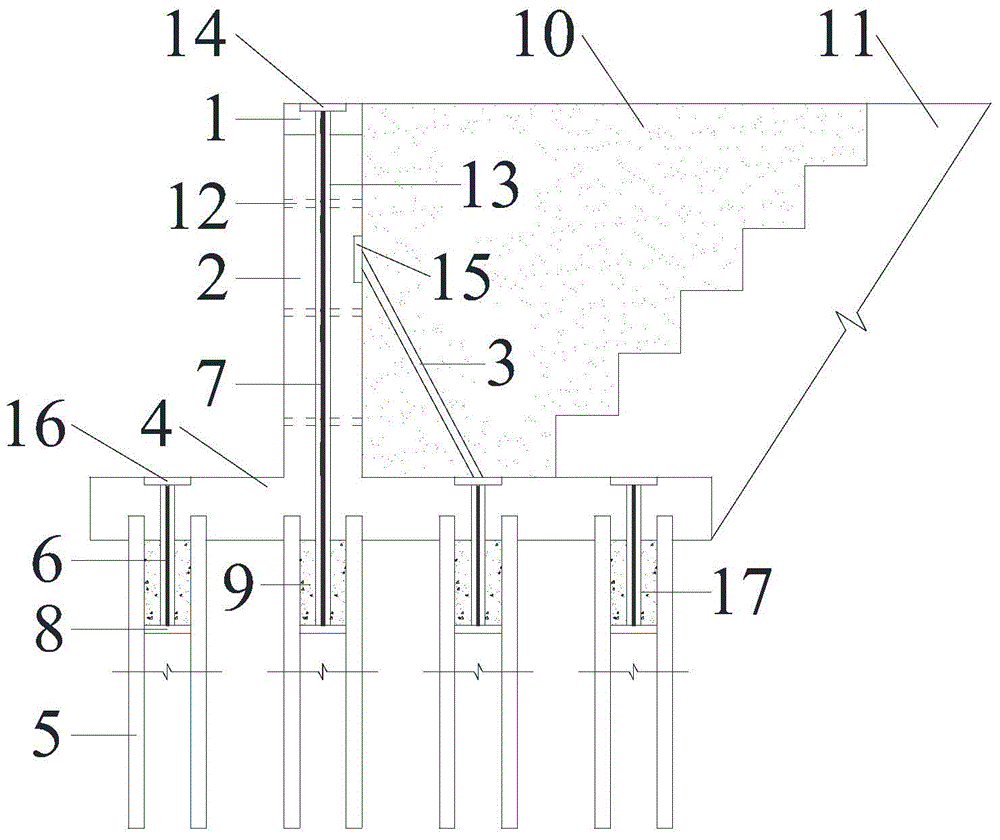 Construction method of pile foundation anchor rope prestress high retaining wall