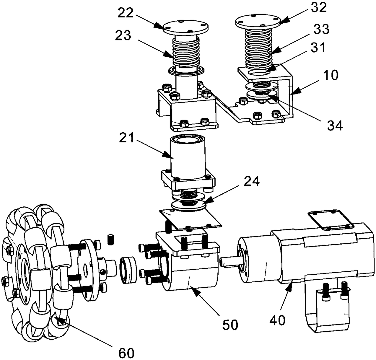 Linear Suspension and Shock Absorption Device for Wheeled Mobile Robot Chassis