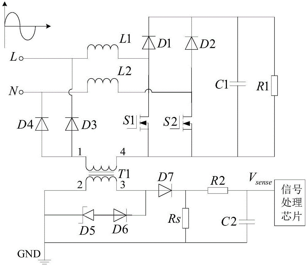 Bridgeless PFC circuit current sampling device and control method thereof