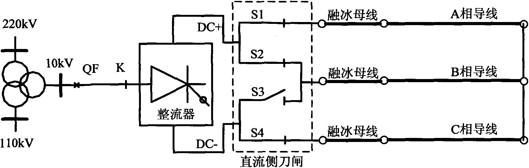 DC de-icing device without special rectifier transformer and protection method thereof