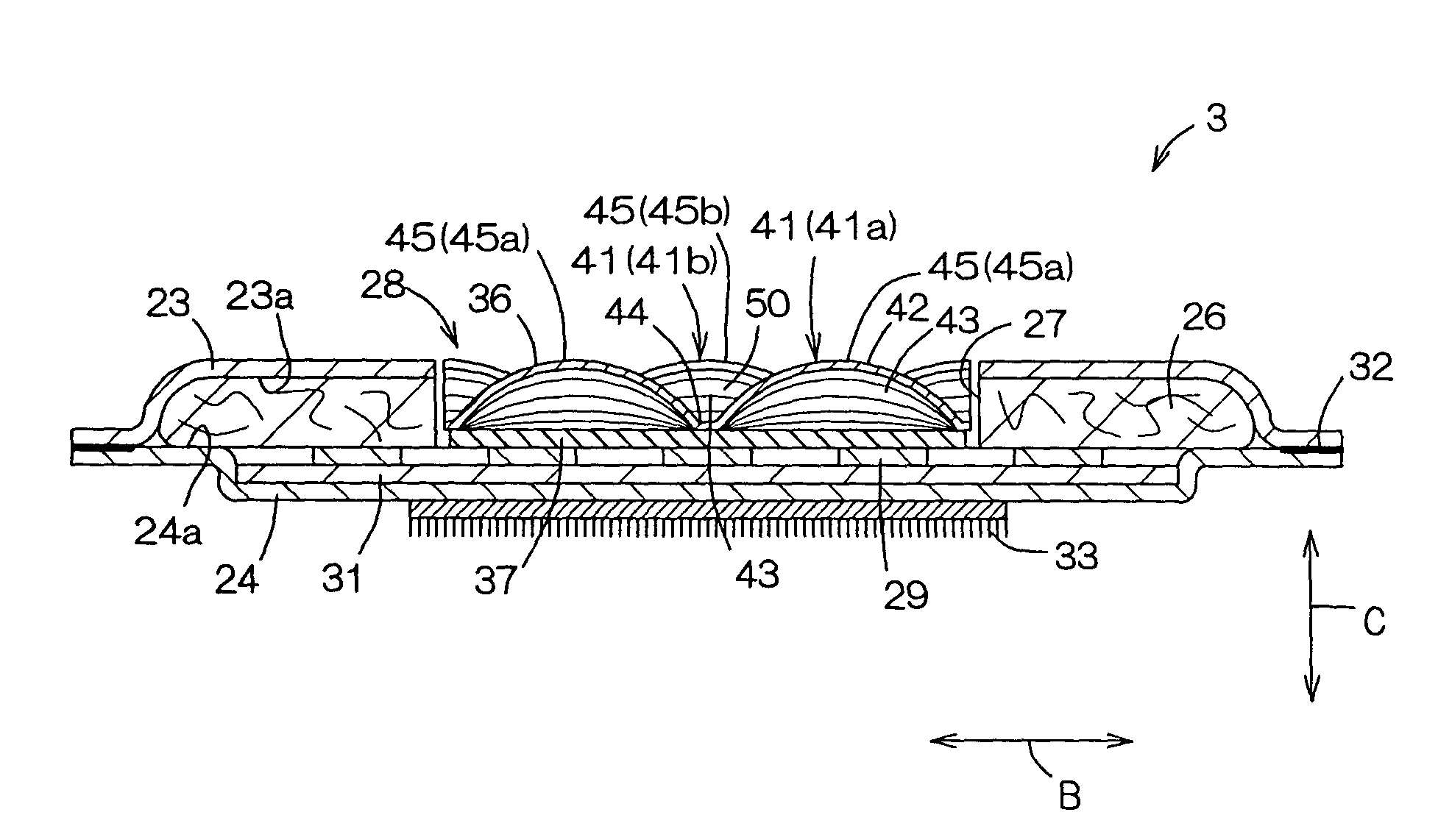 Disposable wearing article for fluid distribution having filled void, density gradient and spacer members
