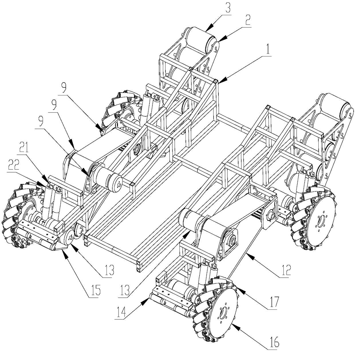 An omni-directional damping chassis based on a roller conveyor belt and a Mecanum wheel