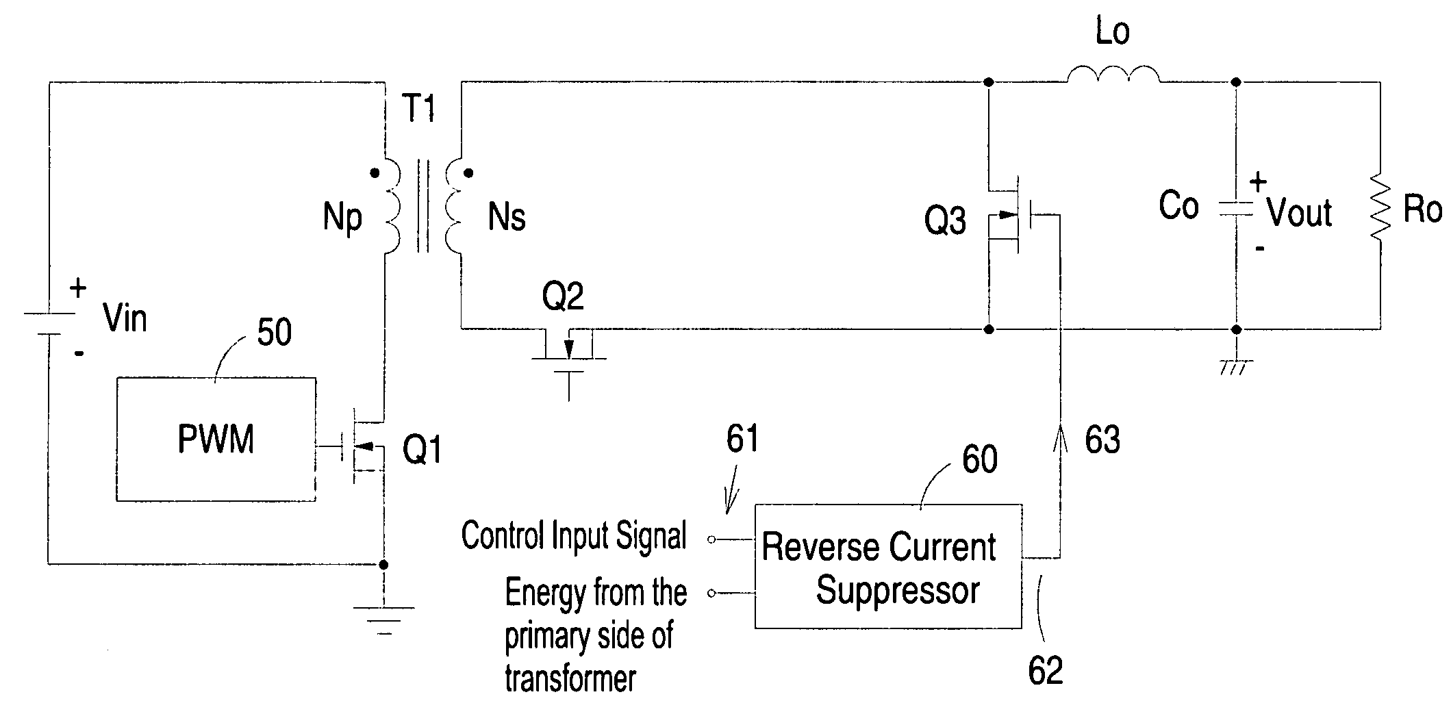 Synchronous rectifier forward converter with reverse current suppressor