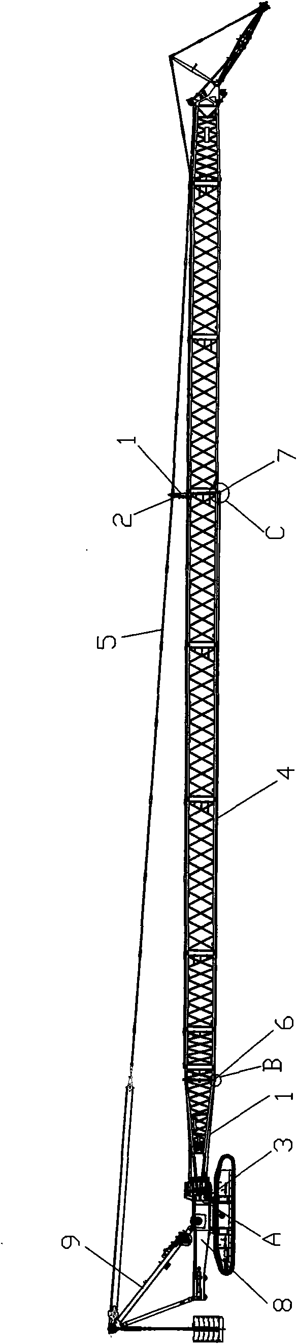 Method and device for reducing over-high deflection in amplitude changing process of caterpillar-band crane arm support
