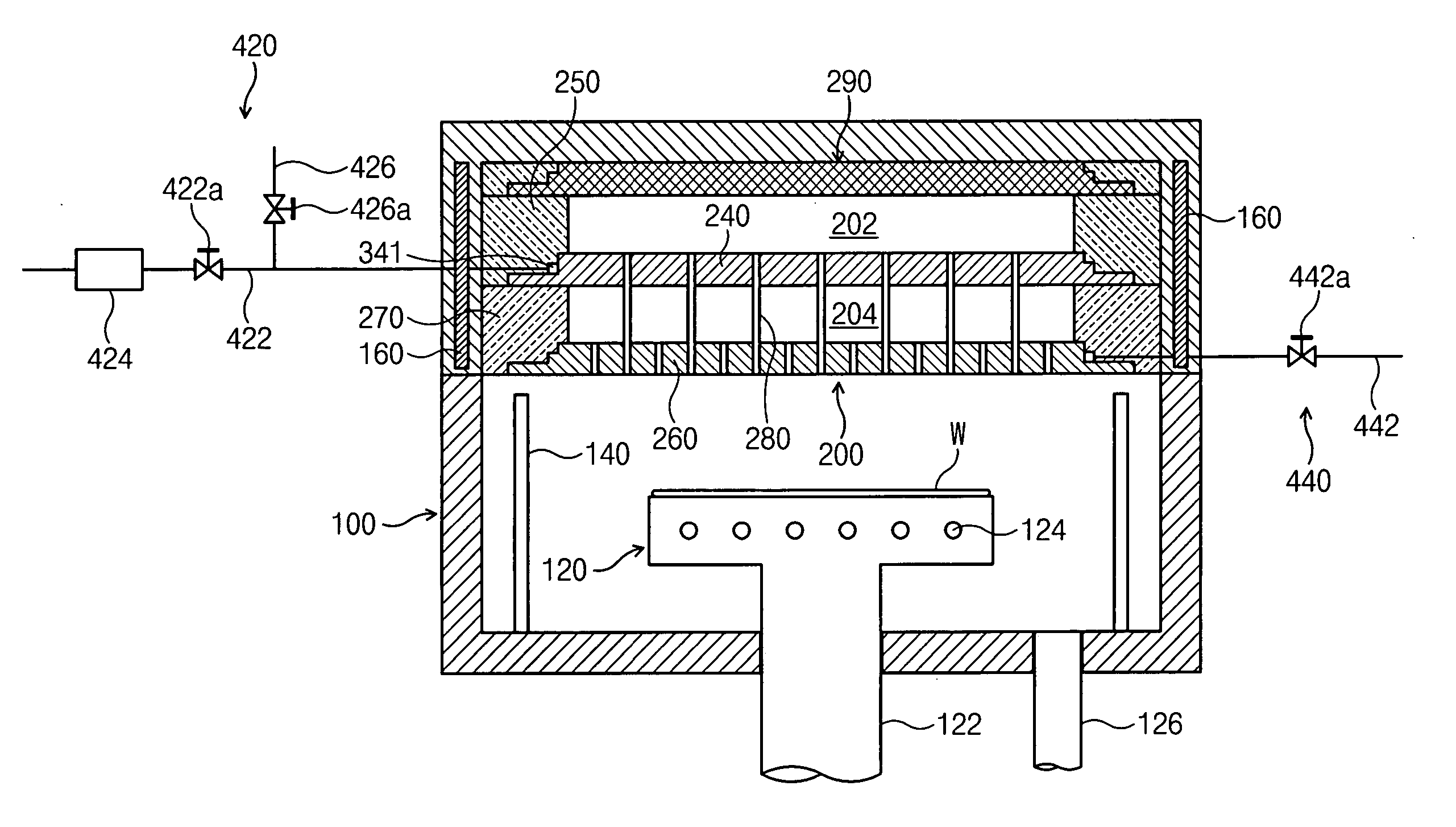 Showerhead with branched gas receiving channel and apparatus including the same for use in manufacturing semiconductor substrates