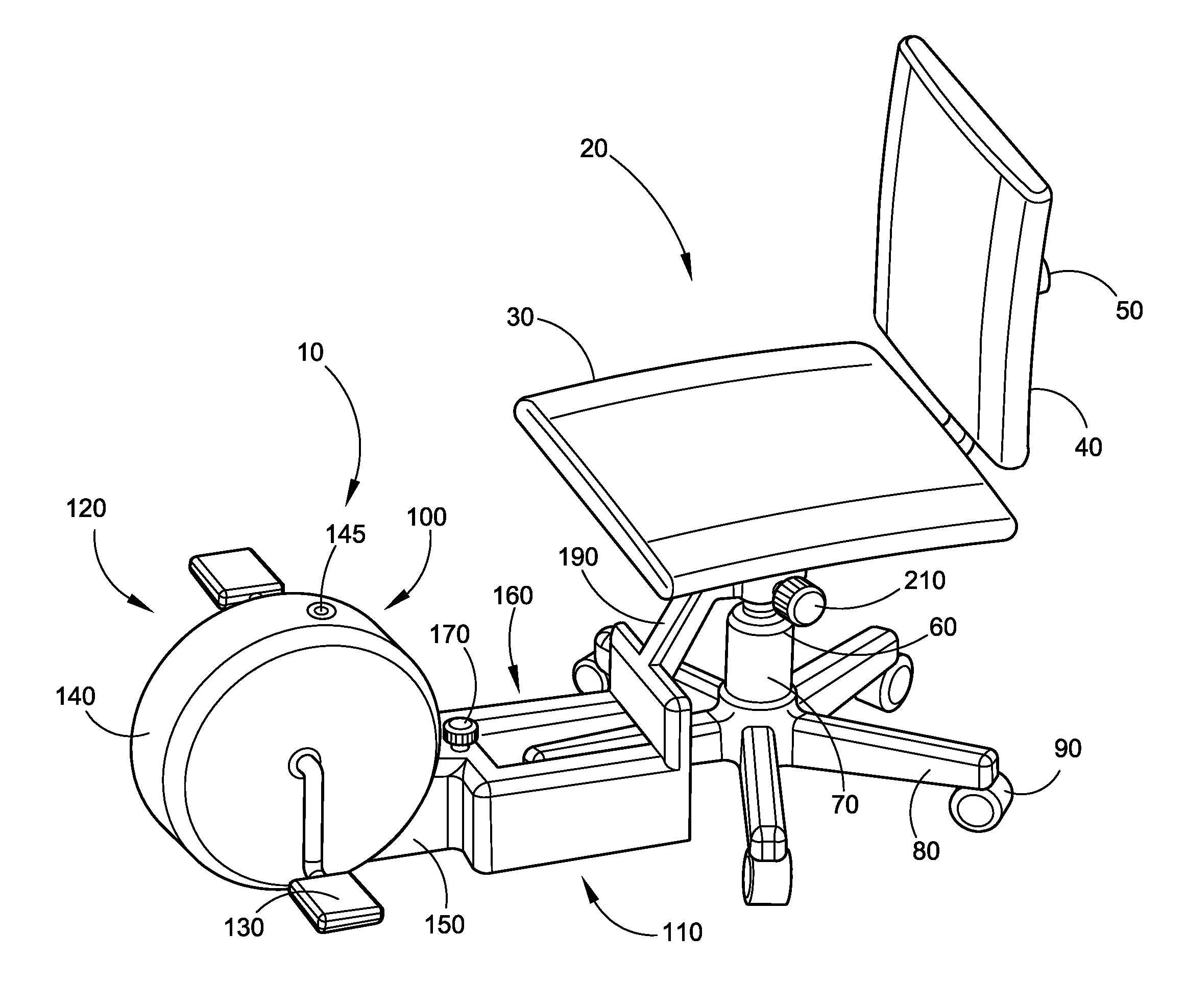 Leg exercise device for use with an office chair