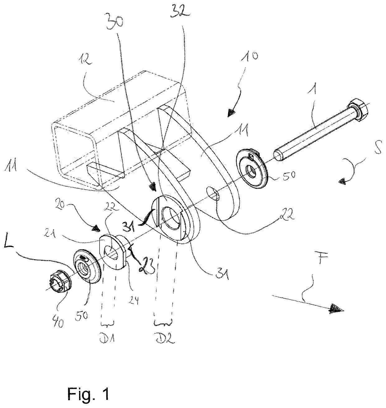 System for securing a pivoting bolt to a vehicle frame, vehicle frame for connecting a pivoting bolt and method for mounting a pivoting bolt to a vehicle frame