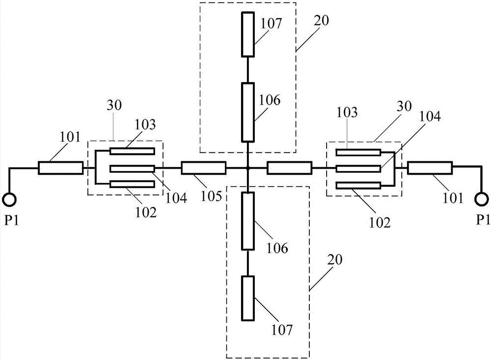 Broadband band-pass filter capable of loading three-branched coupling microstrip lines
