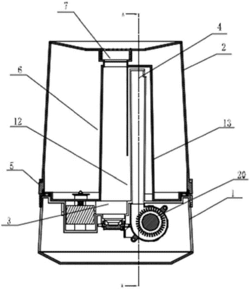 Upside adding water type humidifier with water tank and base separable