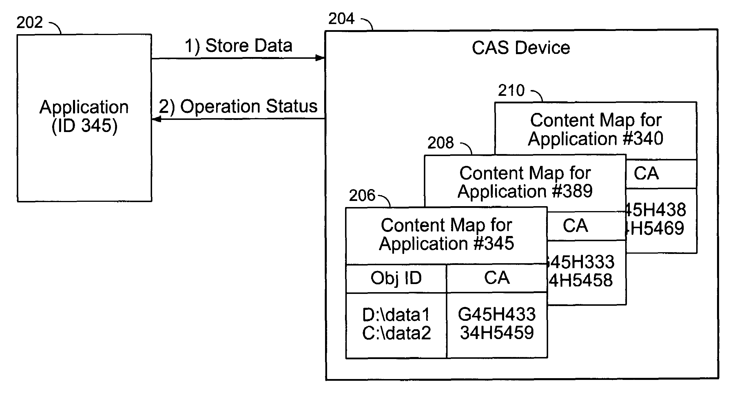 Content addressed storage device configured to maintain content address mapping