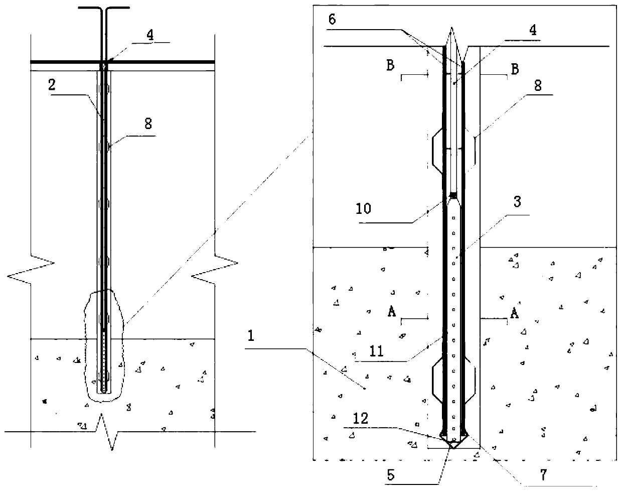 Anti-floating anchor rod structure penetrating through water-rich gravel bottom layer and construction method thereof