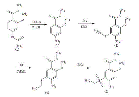 Method for synthesizing 2-methoxyl-4-amino-5-ethylsulfonyl methyl benzoate by utilizing halogenation of halogen