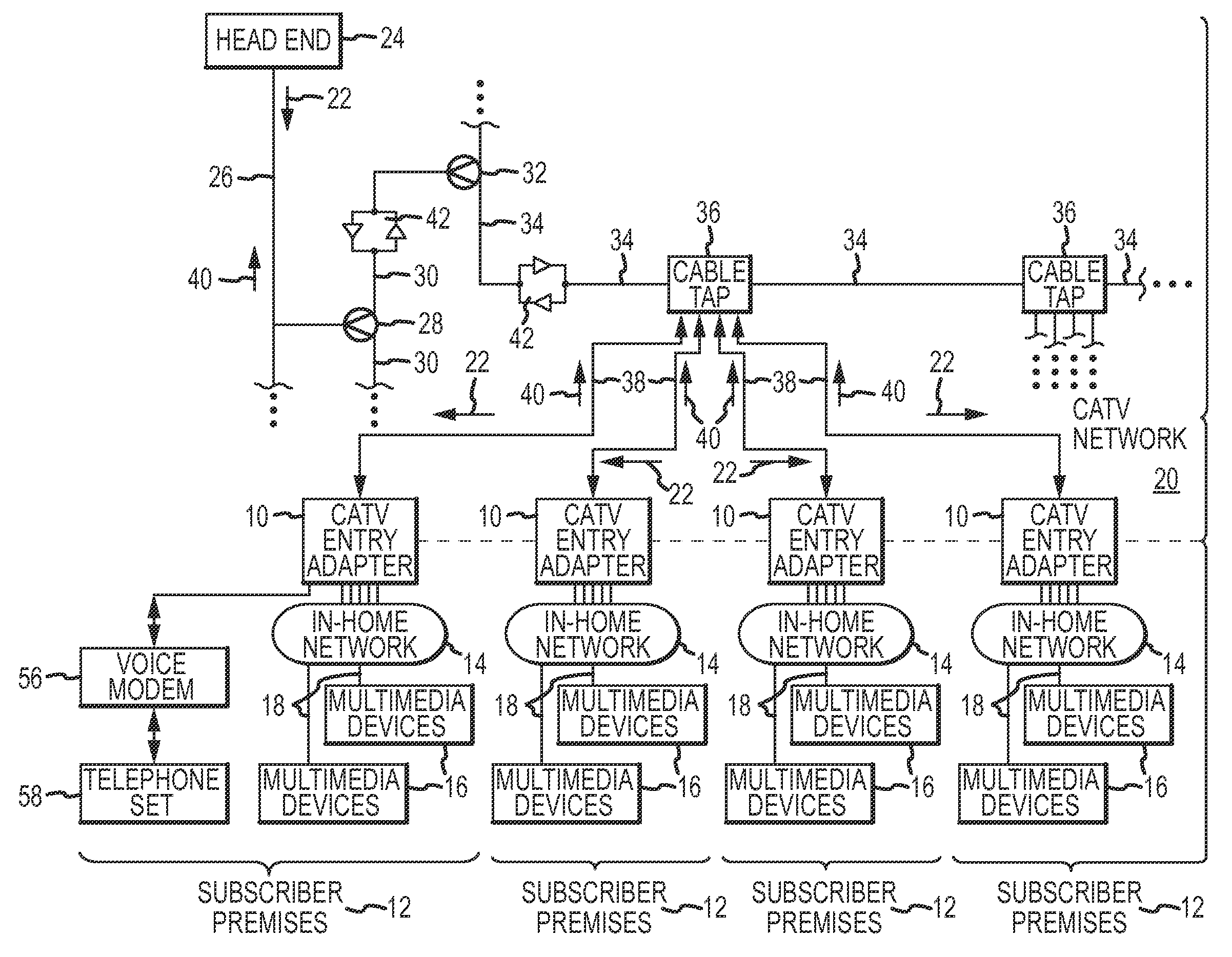 Passive multi-port entry adapter and method for preserving downstream CATV signal strength within in-home network