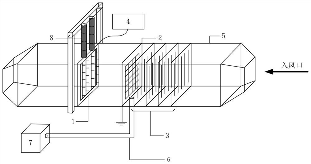 A device and method for defogging and water collection based on the coupling of ion wind and vibrating wire grid