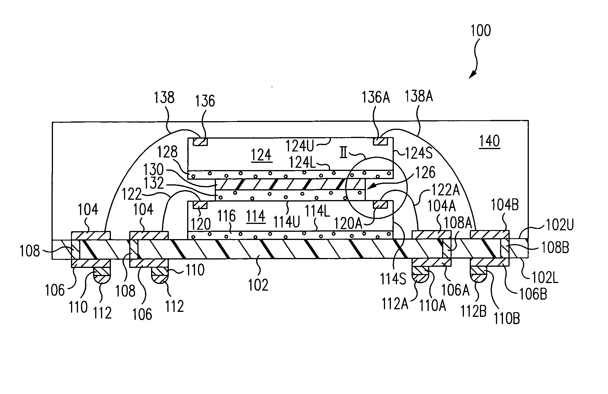 Stacked electronic component package having single-sided film spacer