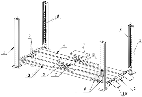 Four-column type lifter with secondary lifting function