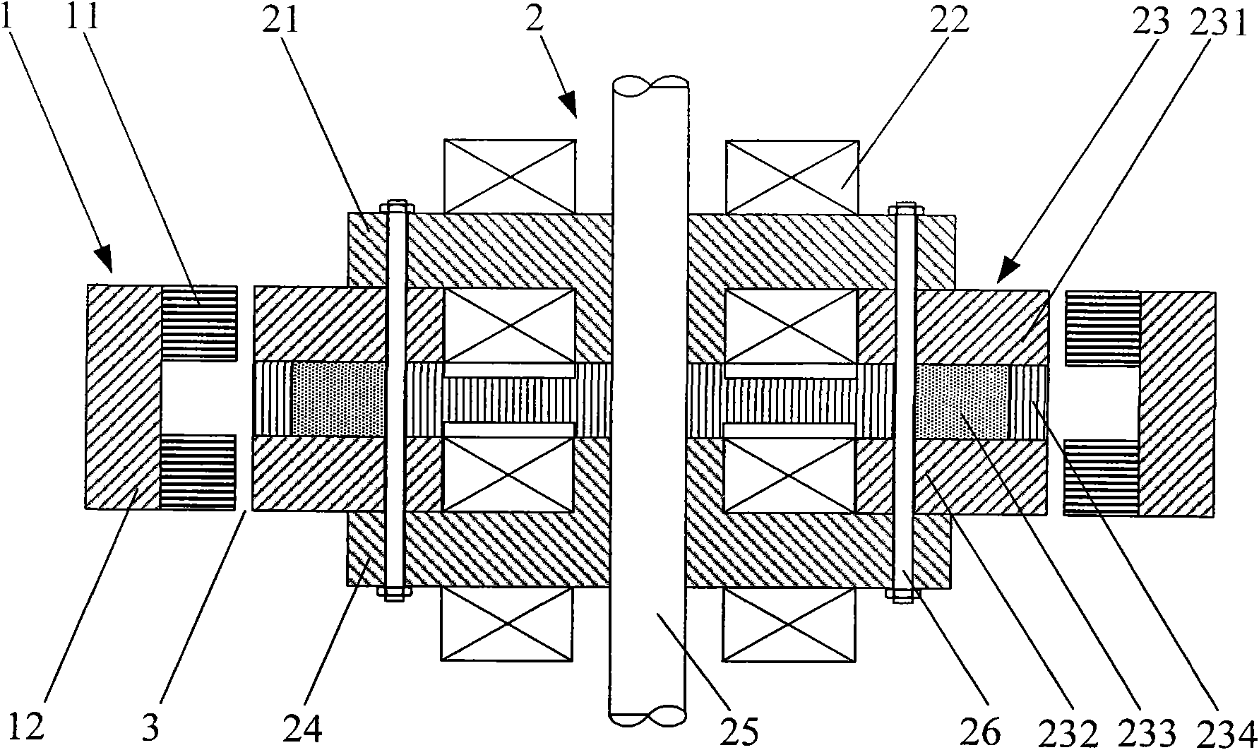 Mixed magnetic bearing with horizontal-coil uniform radial pole and low-loss outer rotor