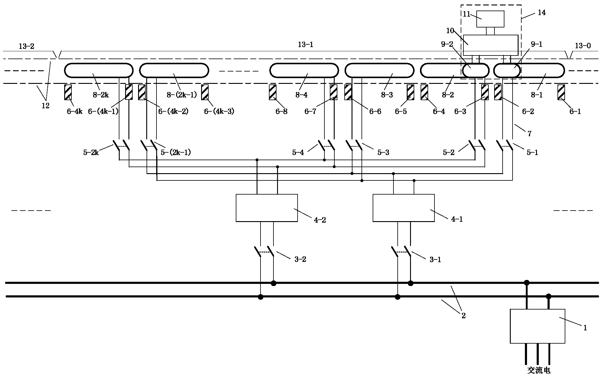 Movable type non-contact power supply system in which subsection power supply is adopted