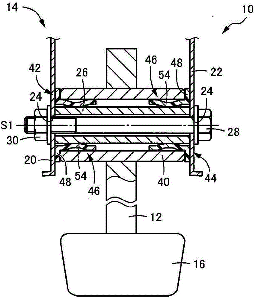 Bearing structure for vehicle pedal device and flanged bushing