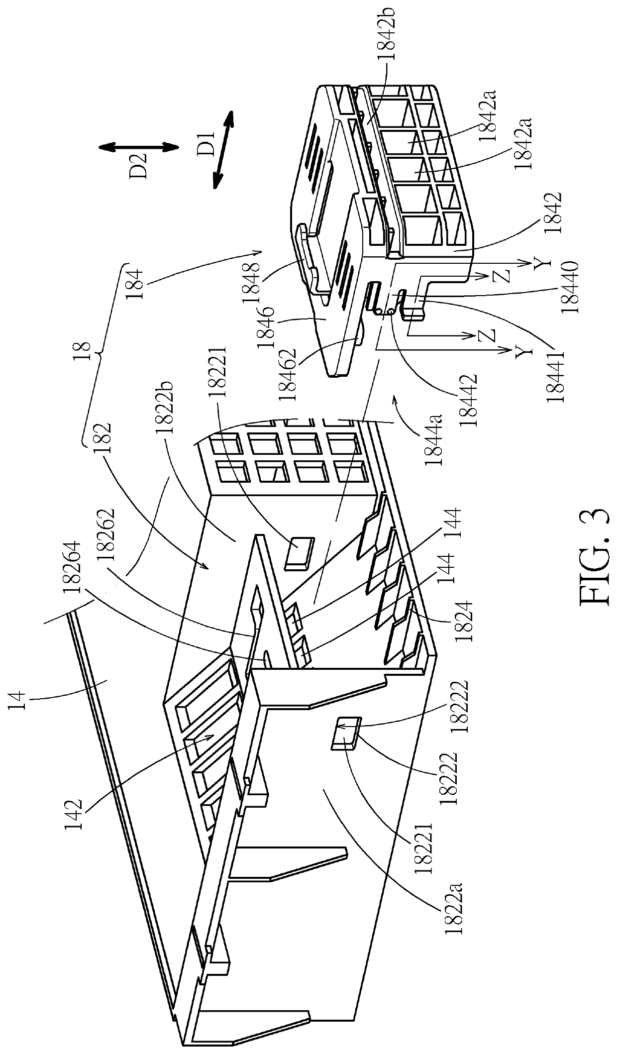 Expansion card holding mechanism with a flow-guiding through hole aligned with a vent of a flow guiding structure in a device casing