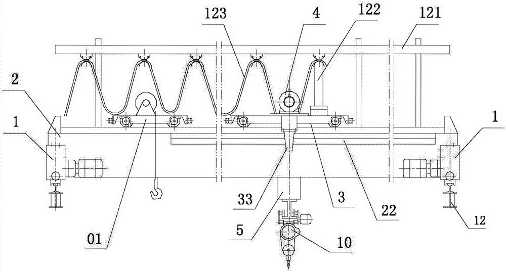 Cantilever crane provided with lifting trolley, running trolley and anti-rollover end beams