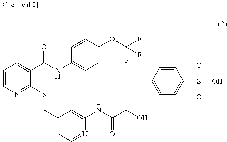 2-[[[2-[(hydroxyacetyl)amino]-4-pyridinyl]methyl]thio]-n-[4-(trifluoromethoxy)phenyl]-3-pyridinecarboxamide benzenesulfonate, crystal of same, crystal polymorph thereof, and methods for production thereof