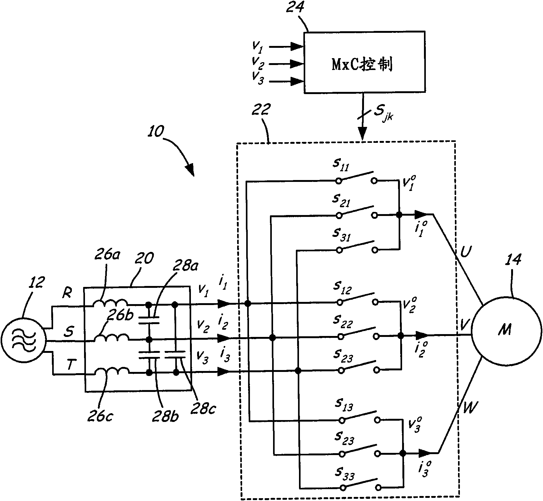 Pulse width modulation control of a matrix converter