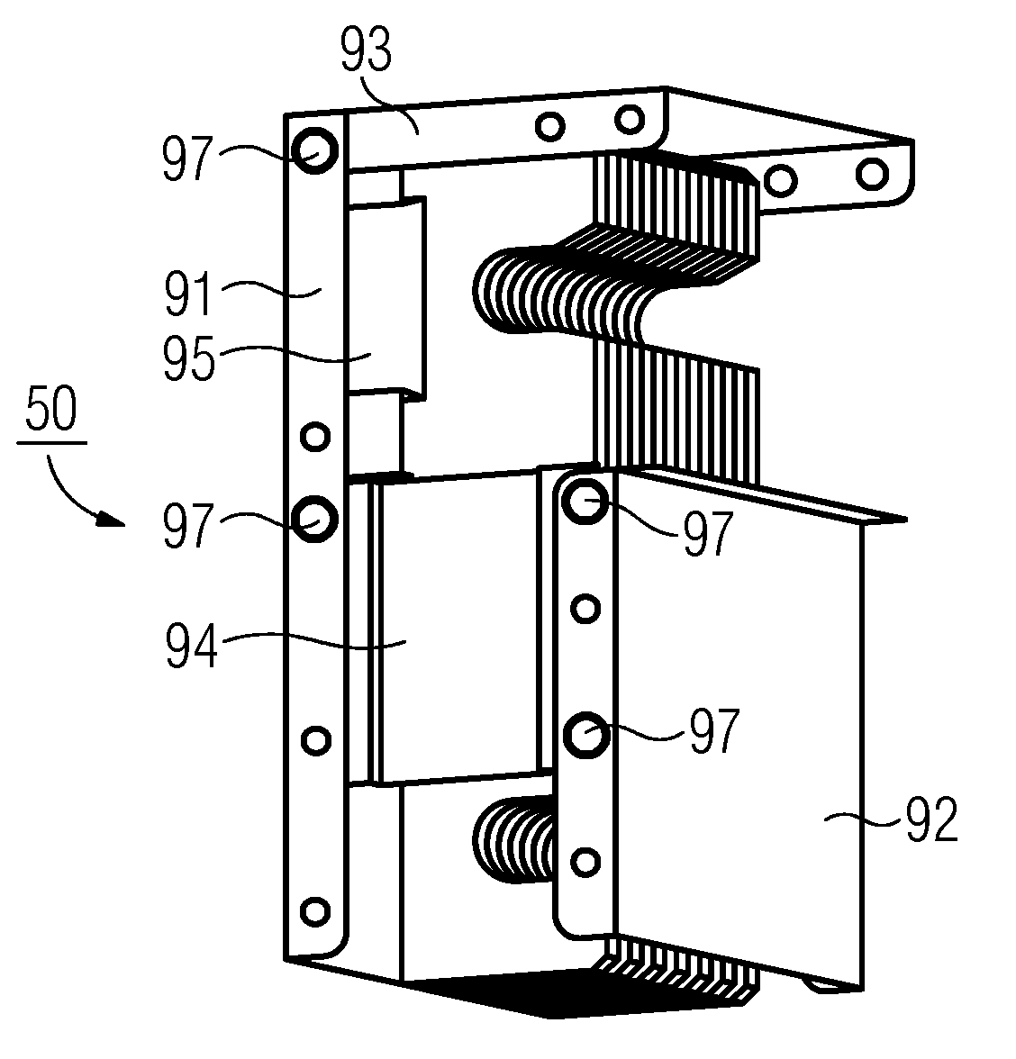 Device comprising rigid connecting bars for the conducting connection of first to second busbars