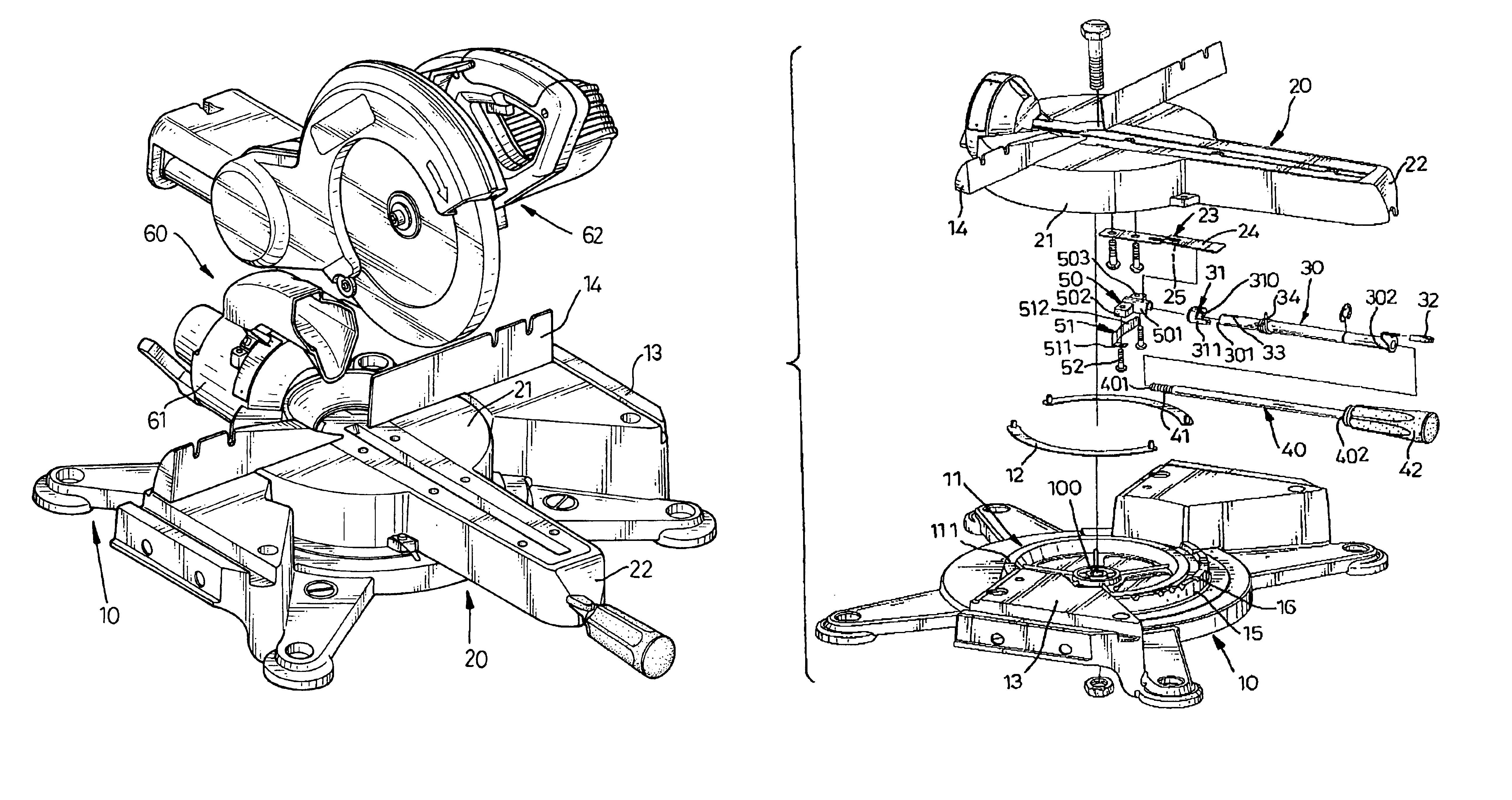 Adjustment device for a compound miter saw