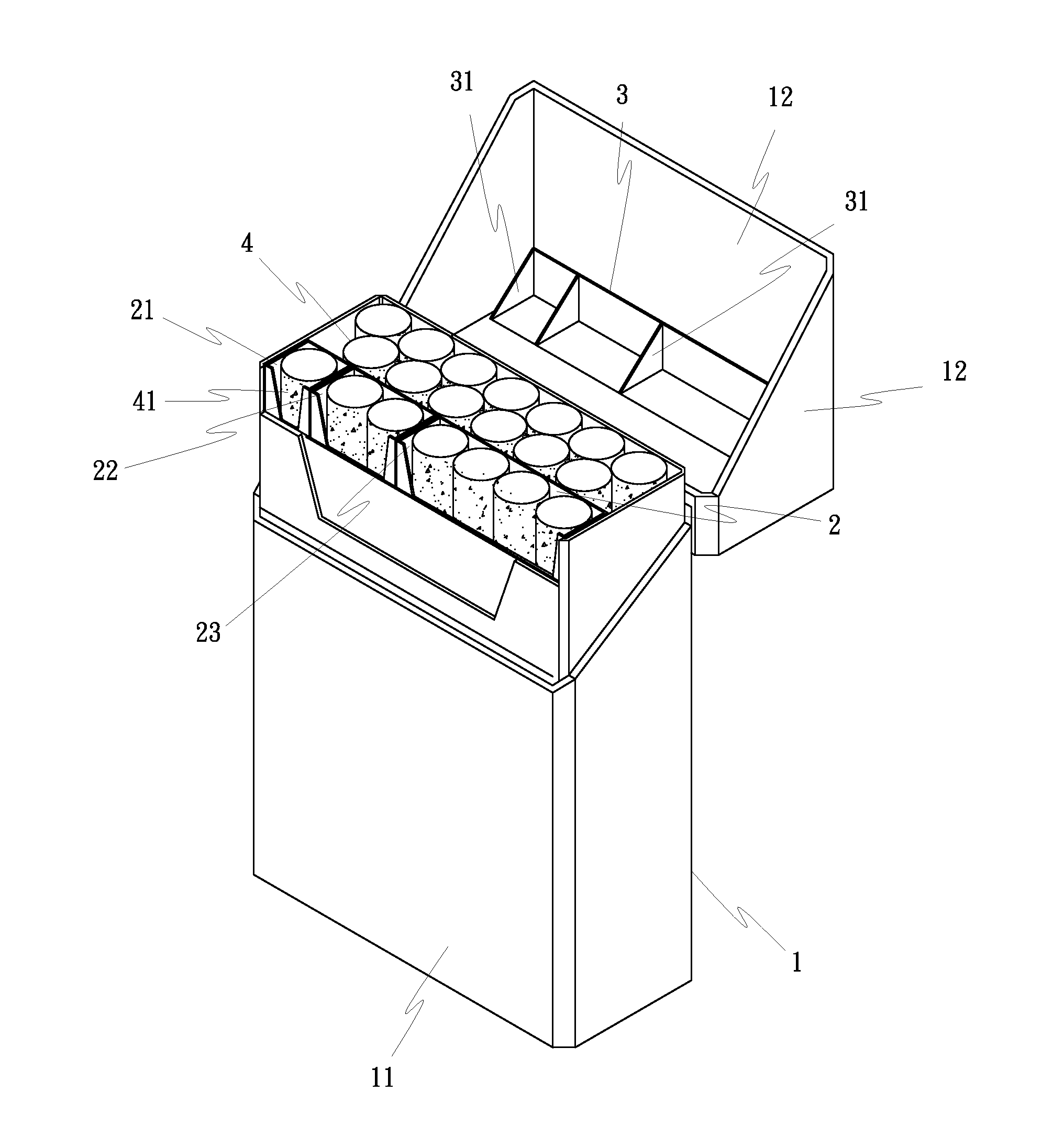 Cigarette box structure capable of receiving cigarette butts