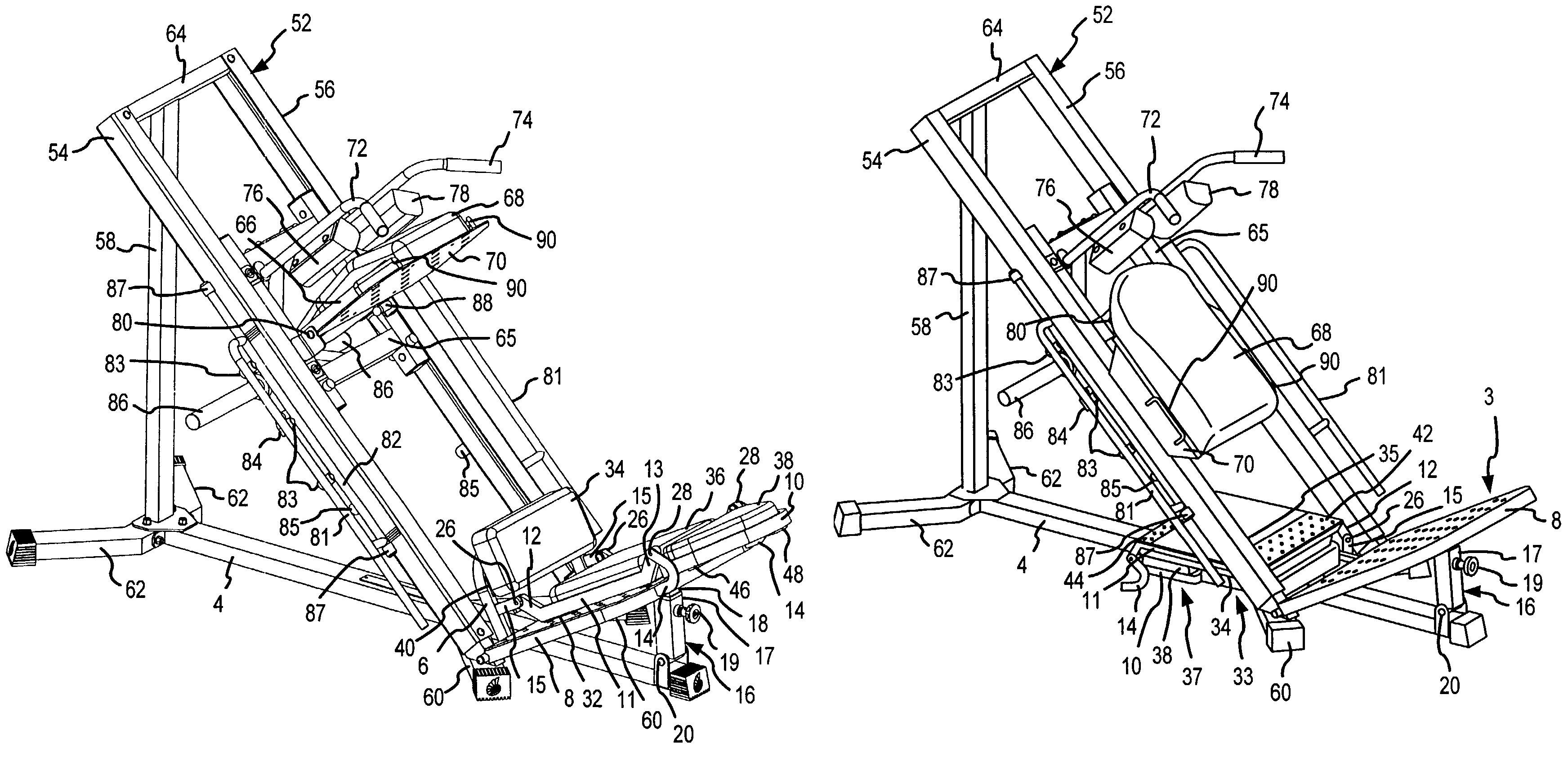 Collapsible seat for combination hack squat and leg press machine