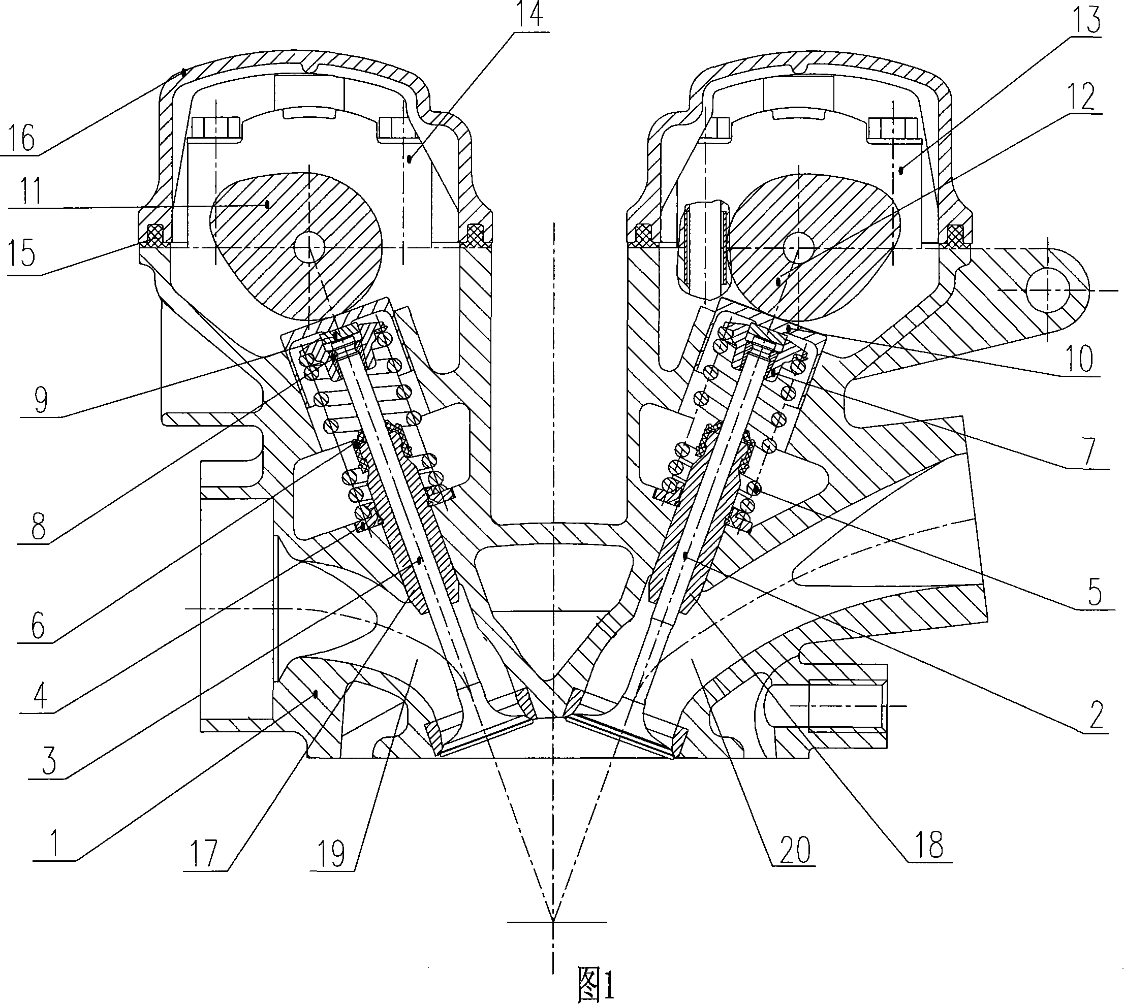 Double-overhead camshaft four-valve air distribution mechanism of motorcycle engine