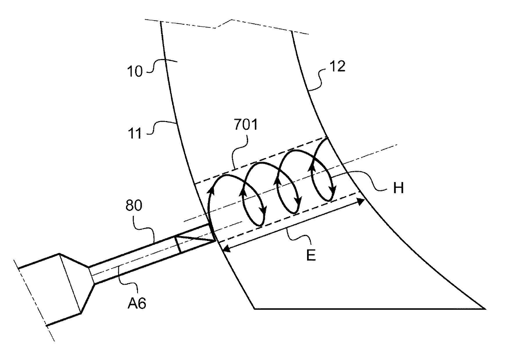 Method for drilling an ophthalmic lens in a helical trajectory and associated drilling device