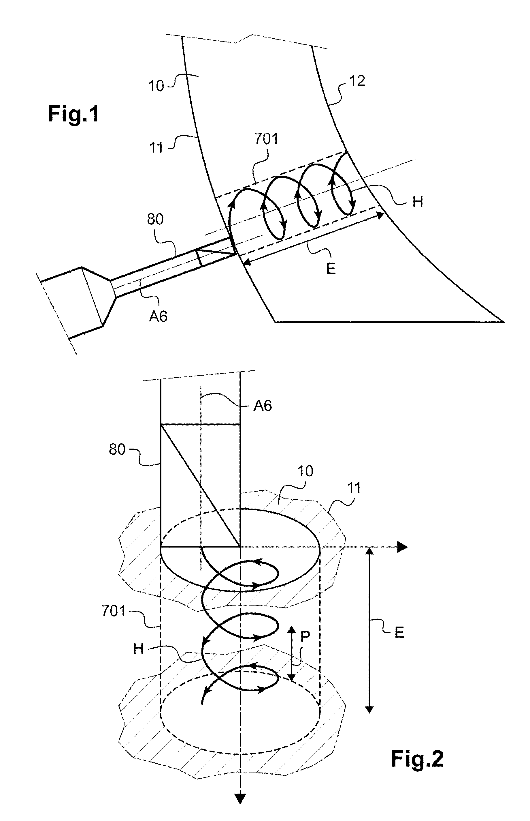 Method for drilling an ophthalmic lens in a helical trajectory and associated drilling device