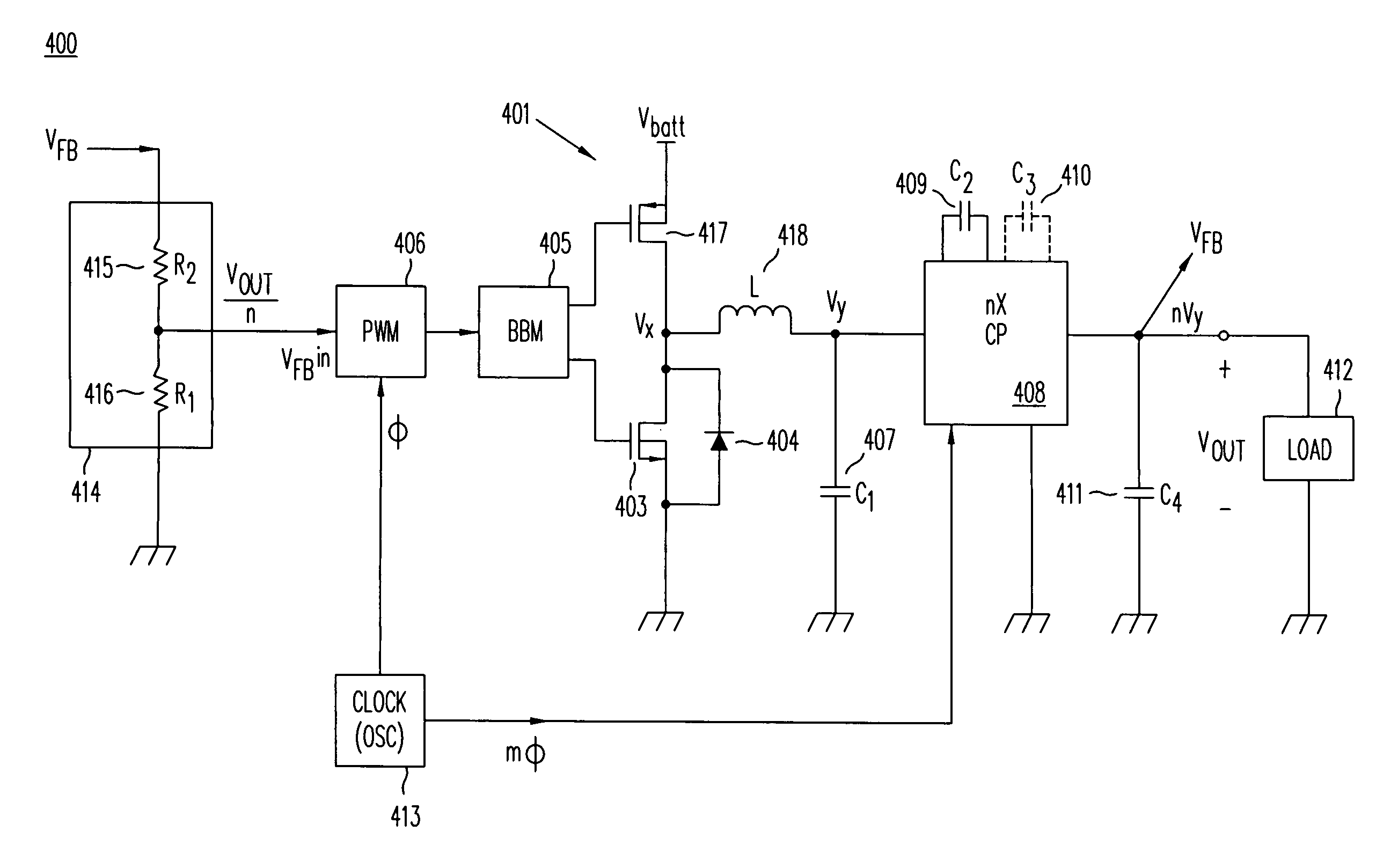 High-efficiency DC/DC voltage converter including down inductive switching pre-regulator and capacitive switching post-converter