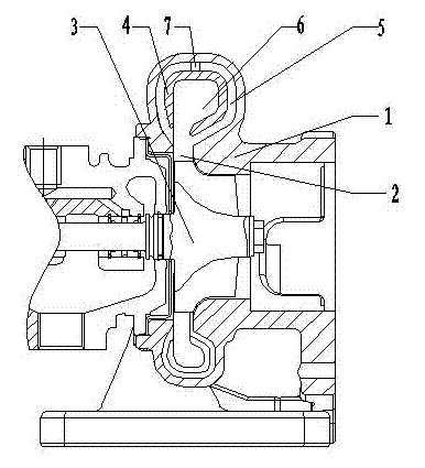 Two-channel variable-section volute device with flow-guiding blades