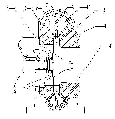 Two-channel variable-section volute device with flow-guiding blades